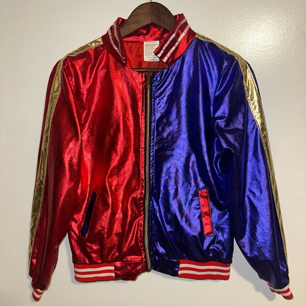 Harley Quinn Puddin Joker Satin Bomber Jacket Red Blue Gold Women’s Small